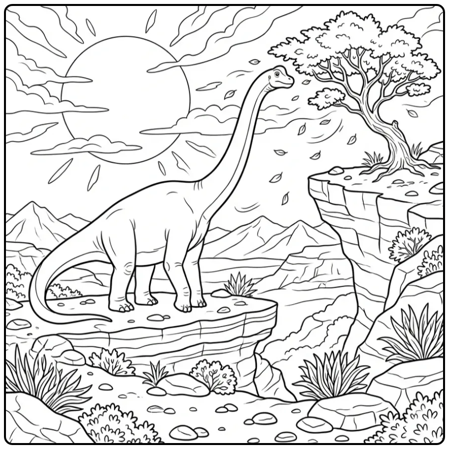 Dino kleurplaat brachiosaurus op een rots bij zonsopgang.