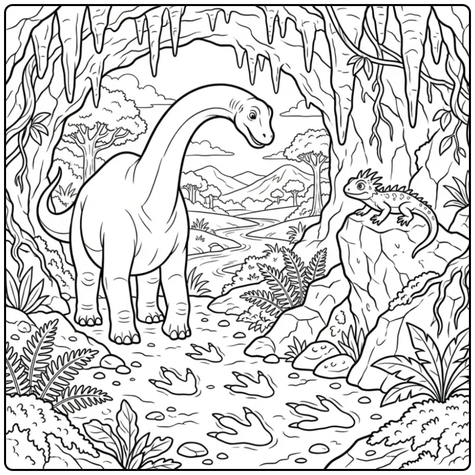 Leuke dino kleurplaat brachiosaurus die een grot onderzoekt