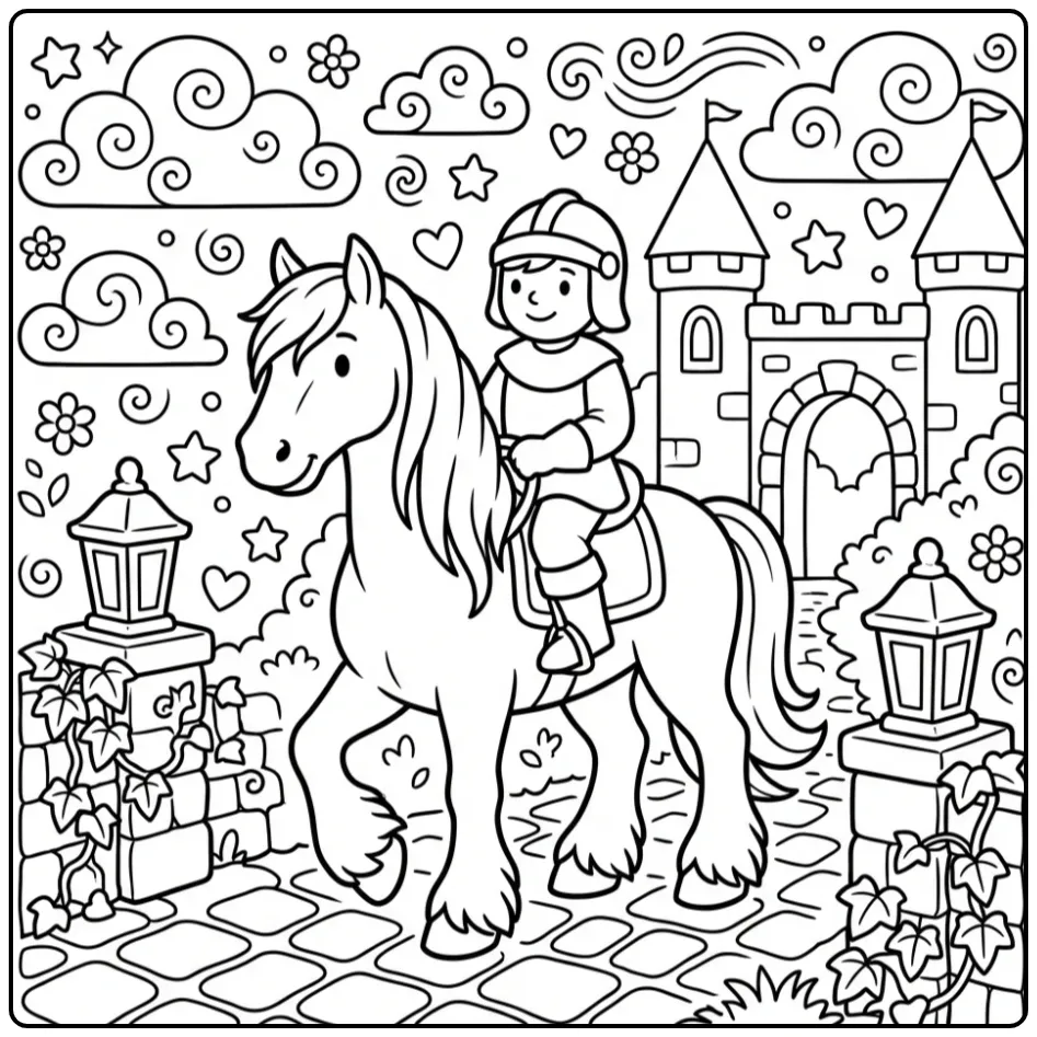 Schattige fries paard kleurplaat paard met ruiter bij kasteel