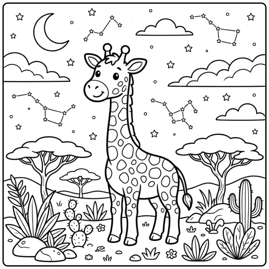 Gedetailleerde giraf kleurplaat moeilijk met sterren en maan.