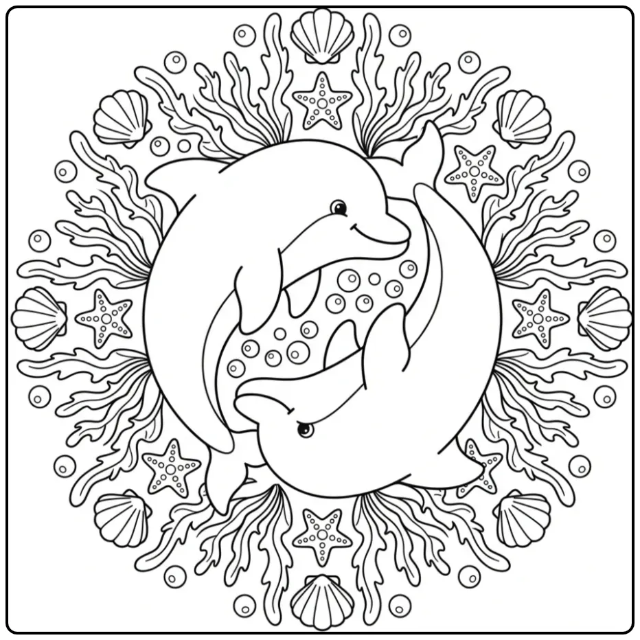 Een schattige kleurplaat dolfijn mandala met schelpen.