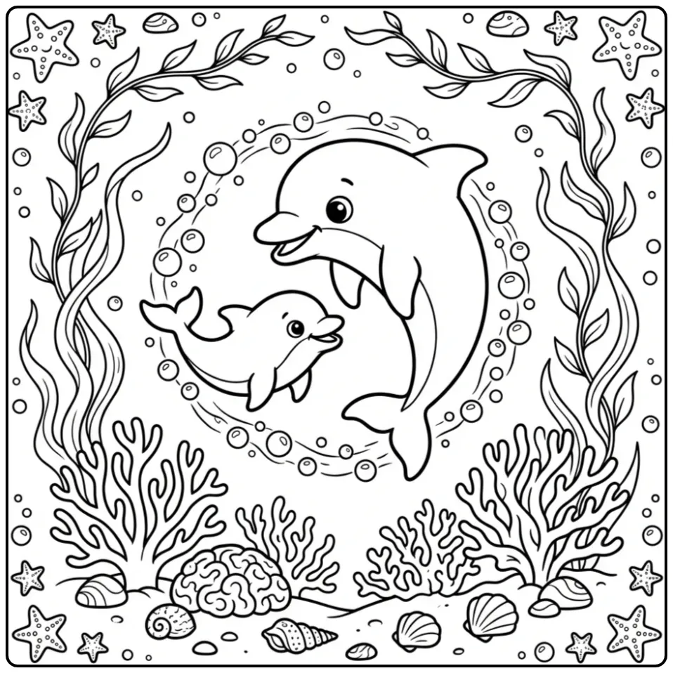 Lieve kleurplaat dolfijn met baby in koraalrif.