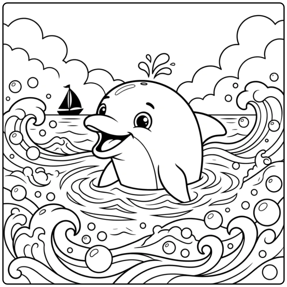 Een vrolijke kleurplaat dolfijn schattig met bubbels.