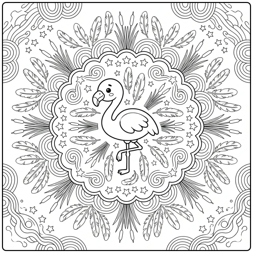 Een schattige kleurplaat flamingo mandala met veren en sterren.