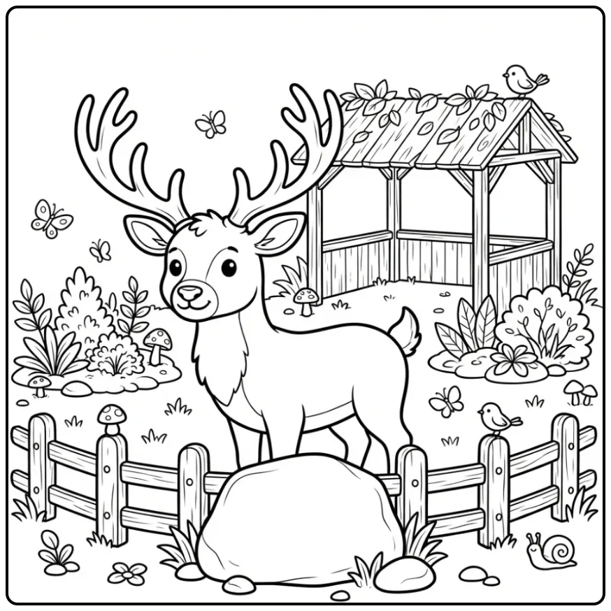 Een vrolijke kleurplaat hert in een dierentuin met hekjes.