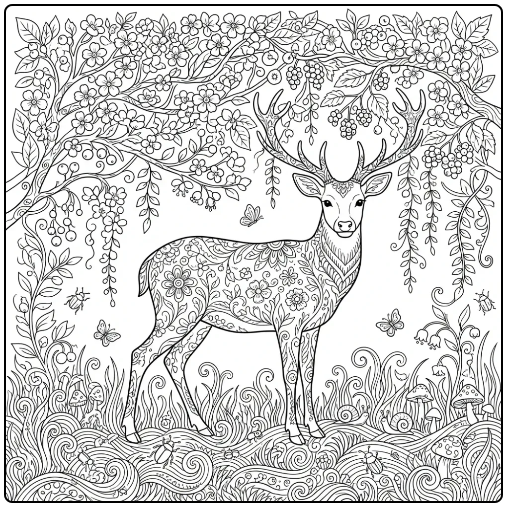 Gedetailleerde kleurplaat hert moeilijk in de natuur.