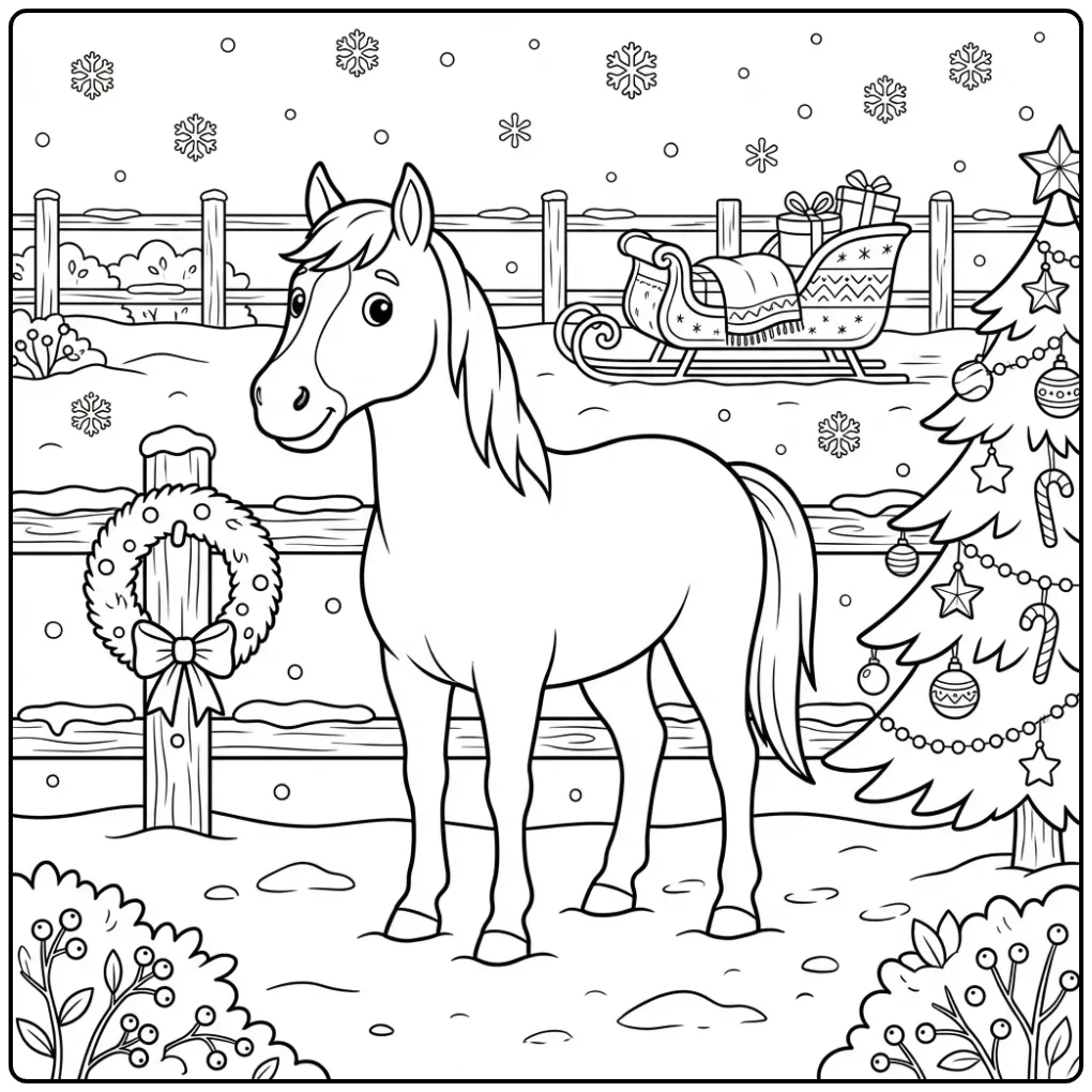 Vrolijke kleurplaat kerst paard bij een versierde boom