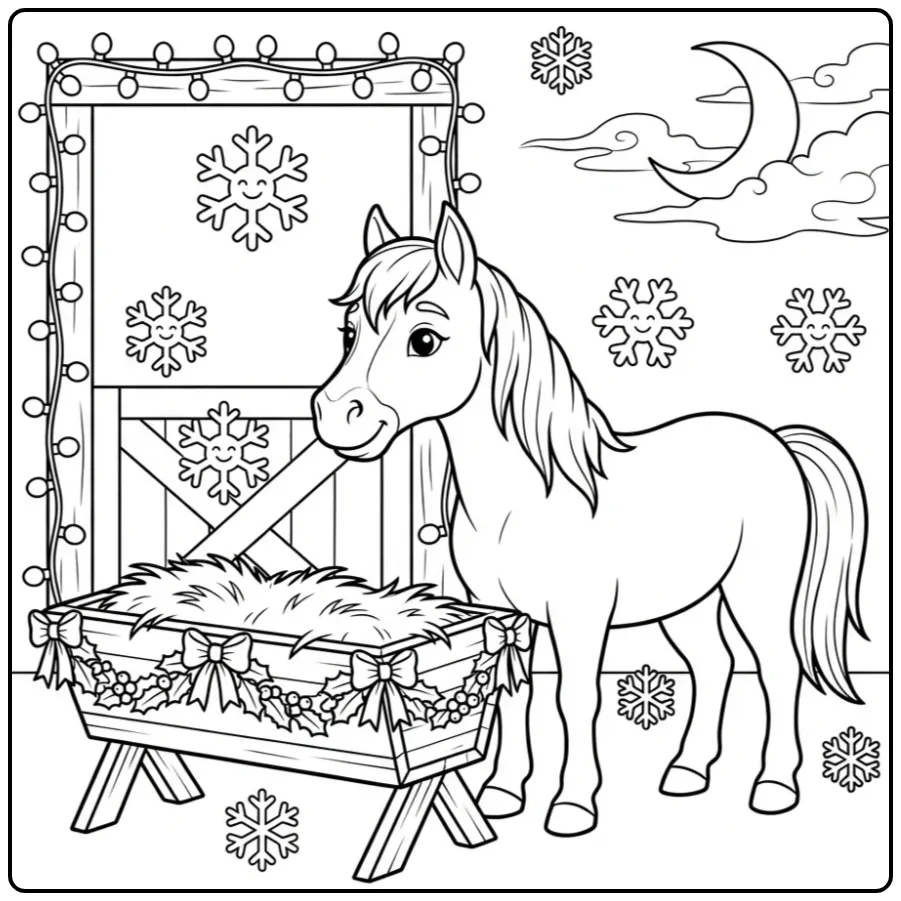 Een feestelijke kleurplaat kerst paard bij de versierde stal.