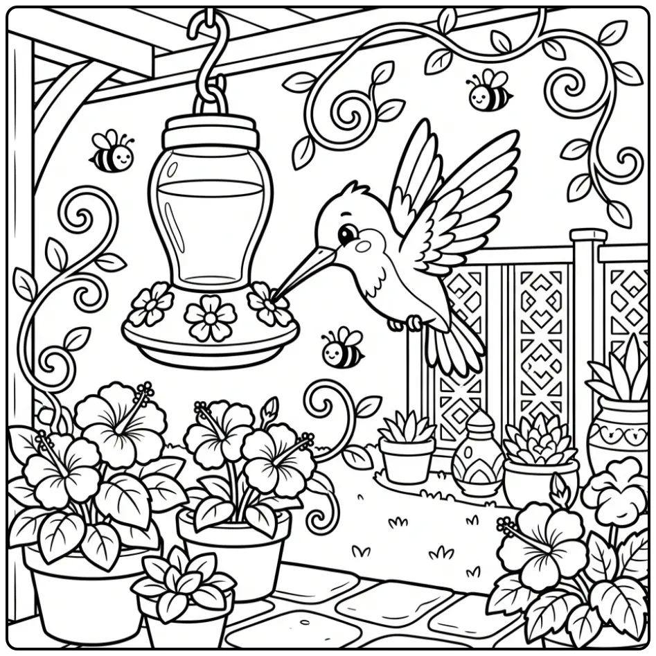 Een vrolijke kleurplaat kolibrie bij een nectarvoeder.