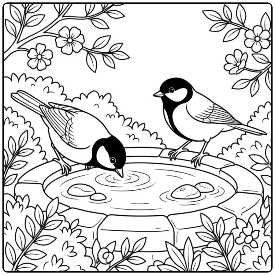 Vrolijke kleurplaat koolmees samen in een vogelbadje.