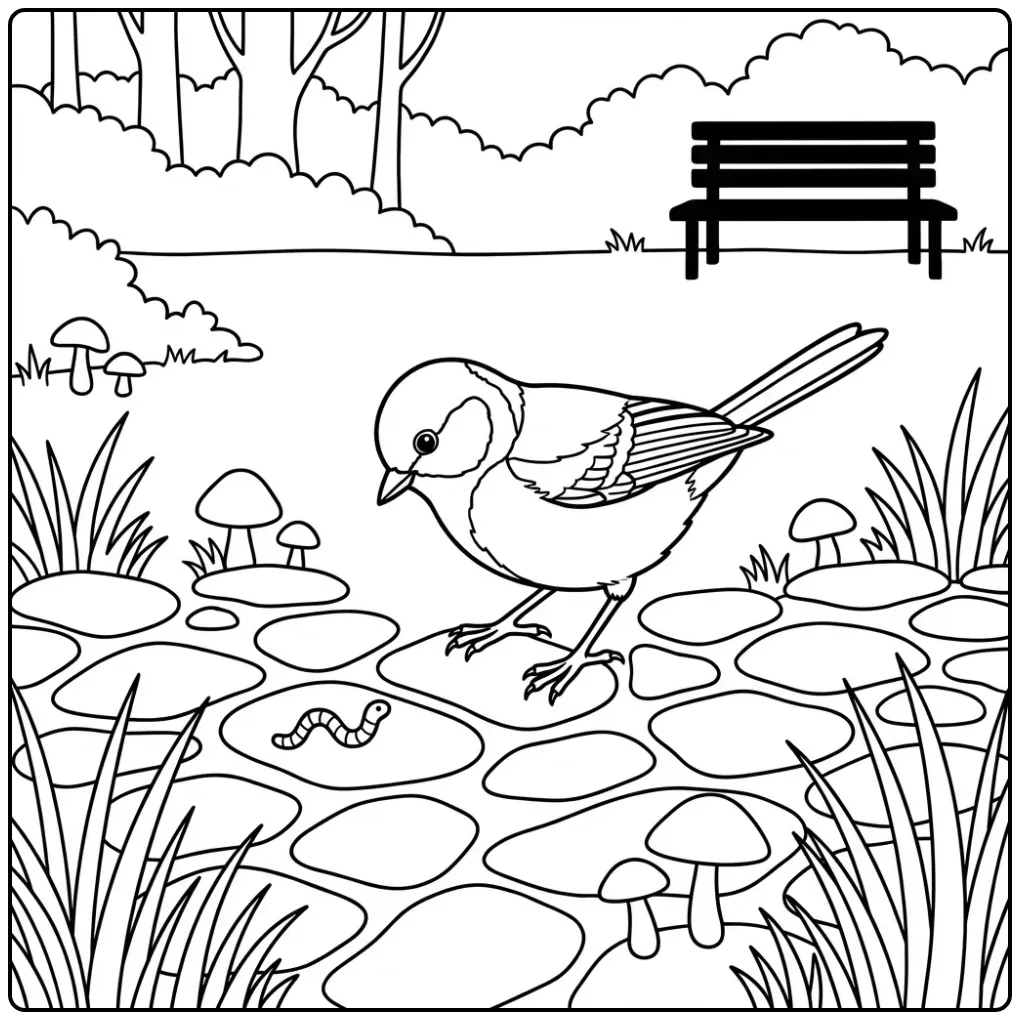 Een leuke kleurplaat koolmees op een stenen pad met een worm.