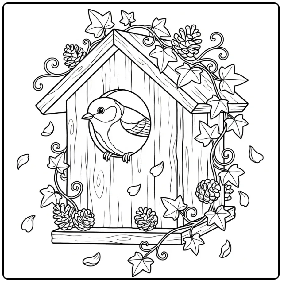 Kleurplaat koolmees kijkt uit een nestkastje met klimop.
