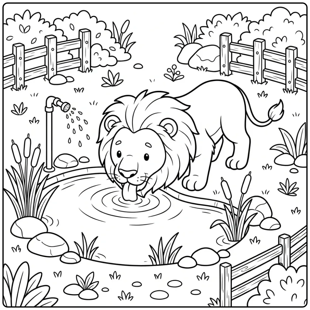 Leuke kleurplaat leeuw drinkt water in de dierentuin.