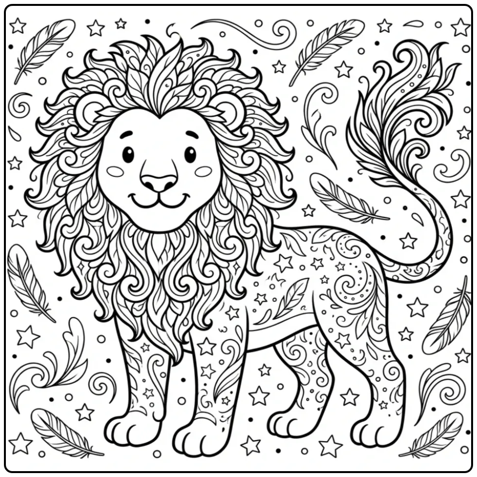 Gedetailleerde kleurplaat leeuw moeilijk met krullende manen.
