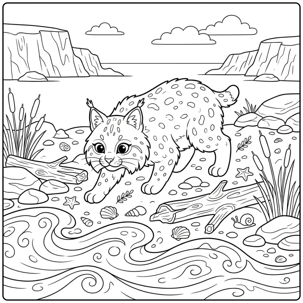 Schattige kleurplaat lynx die sluipt langs de kust.