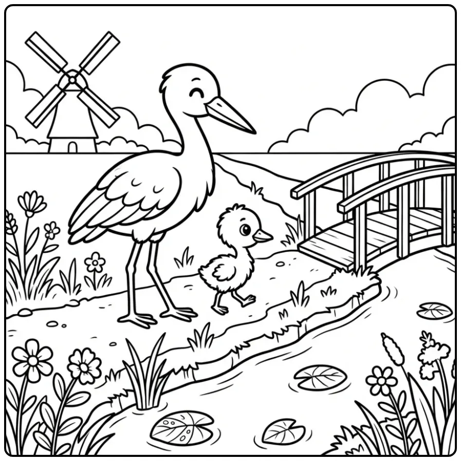 Schattige kleurplaat ooievaar met baby en een molen.