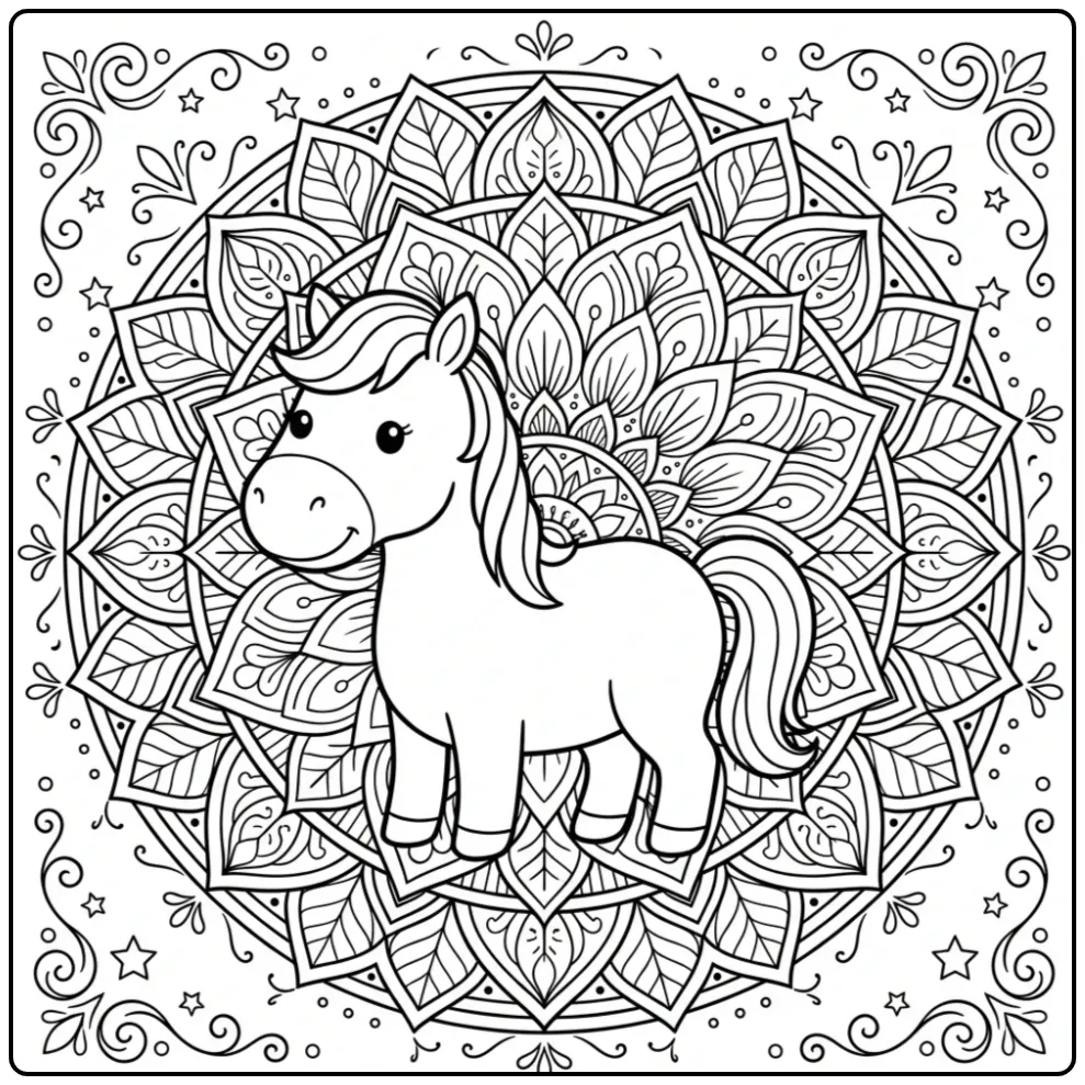 Een sierlijke kleurplaat paard mandala met mooie details.