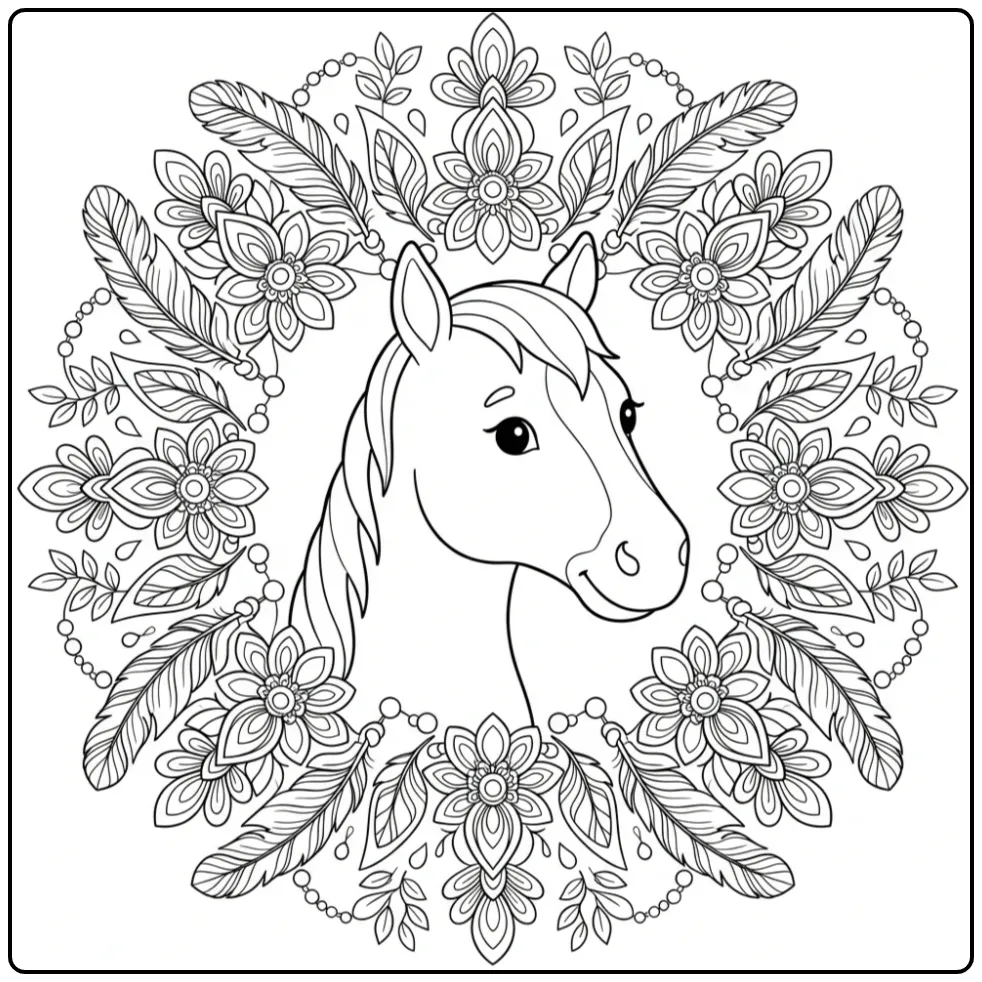 Mandala krans met veren en een kleurplaat paard mandala.