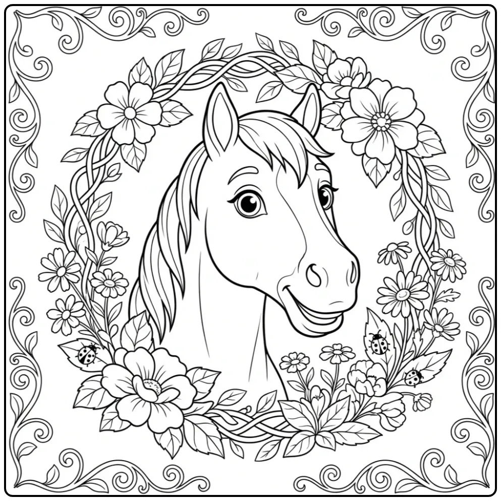 Schattige kleurplaat paard met bloemen en lieveheersbeestjes.