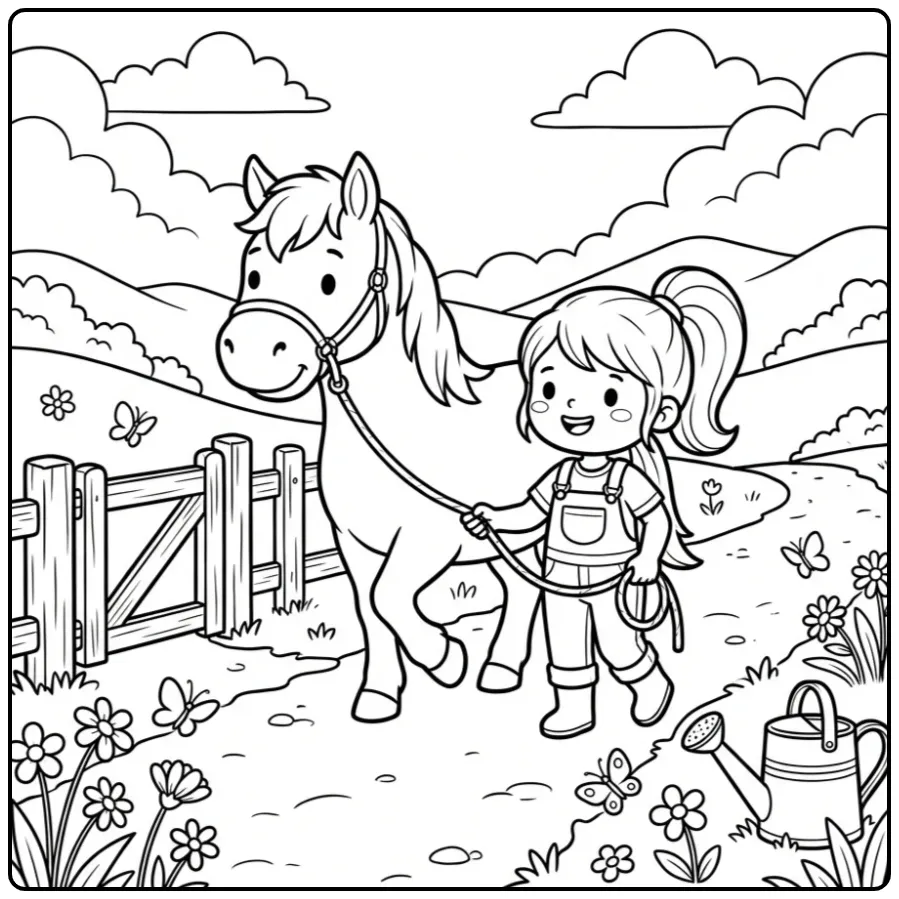 Leuke kleurplaat paard met meisje lopend op een boerderijpad