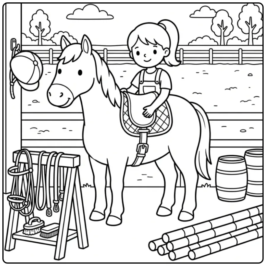 Schattige kleurplaat paard met meisje dat het zadel goed legt.