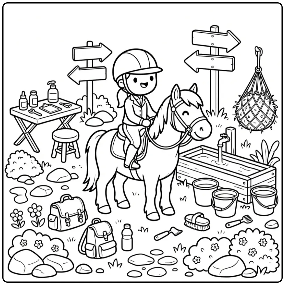 Gedetailleerde kleurplaat paard met ruiter moeilijk bij checkpoint.