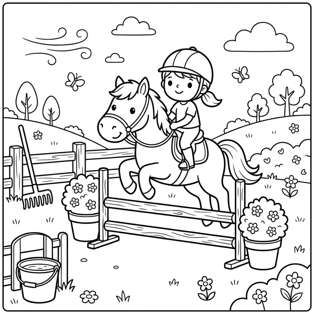 Schattige kleurplaat paard met ruiter springen over hindernis