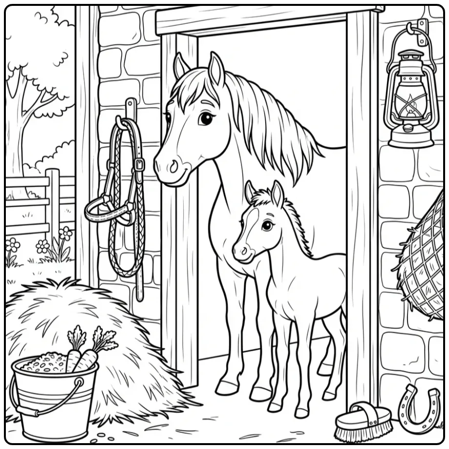 Een schattige kleurplaat paard met veulen in de staldeur.