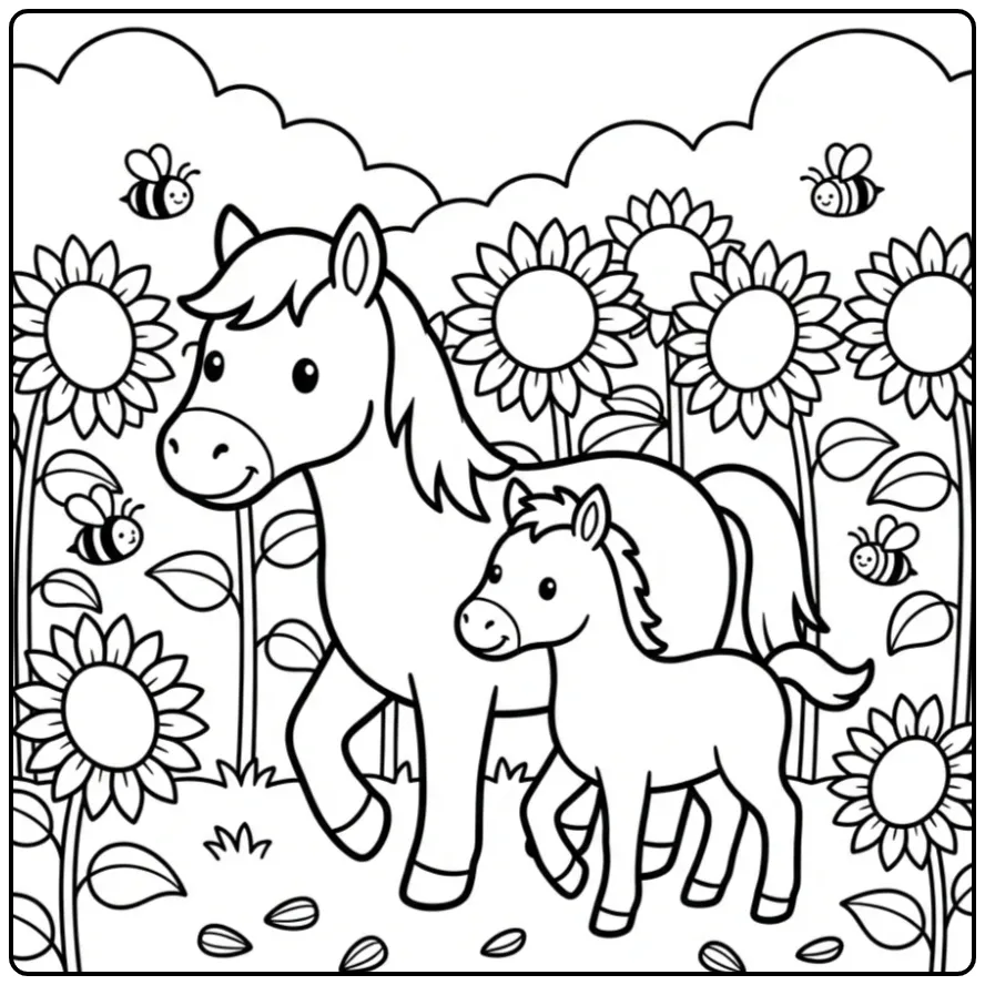 Schattige kleurplaat paard met veulen tussen zonnebloemen.