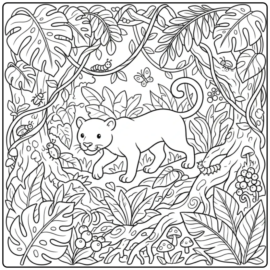 Gedetailleerde kleurplaat panter moeilijk in het woud.