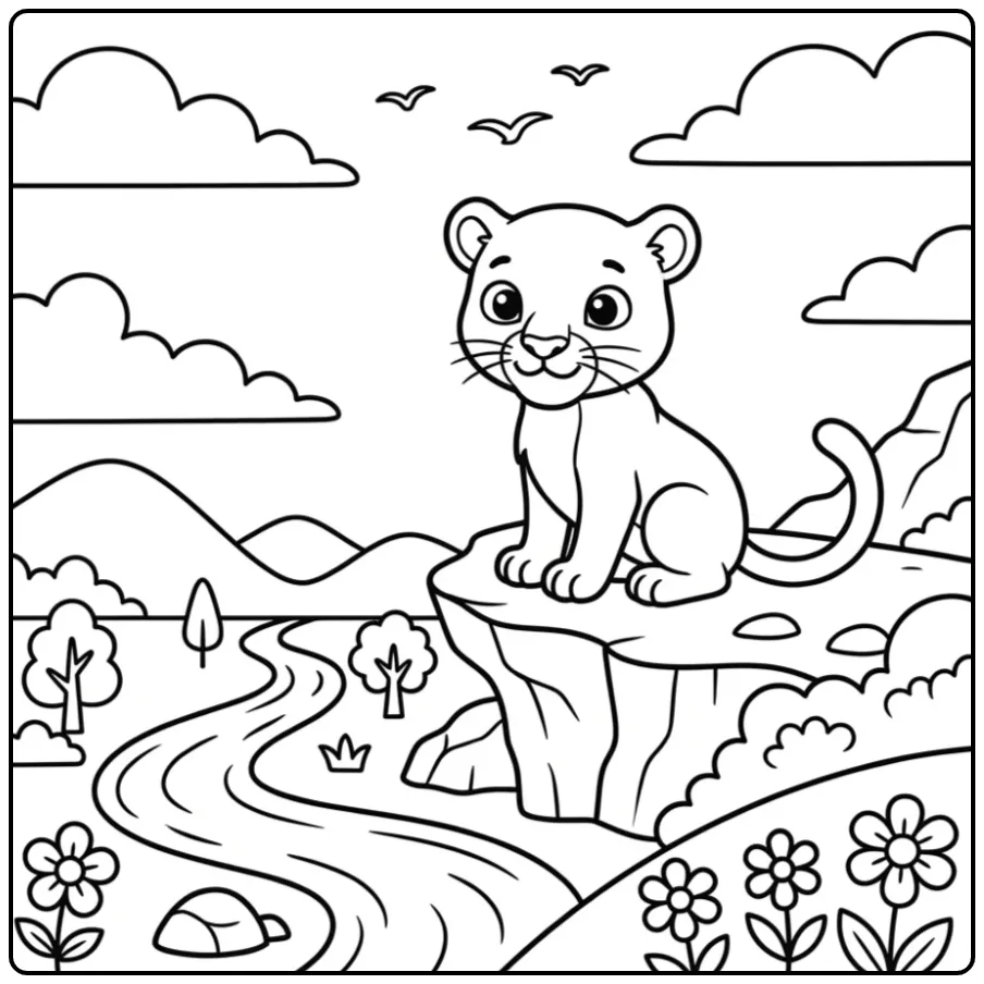 Leuke kleurplaat panter op een rots met uitzicht op het dal.