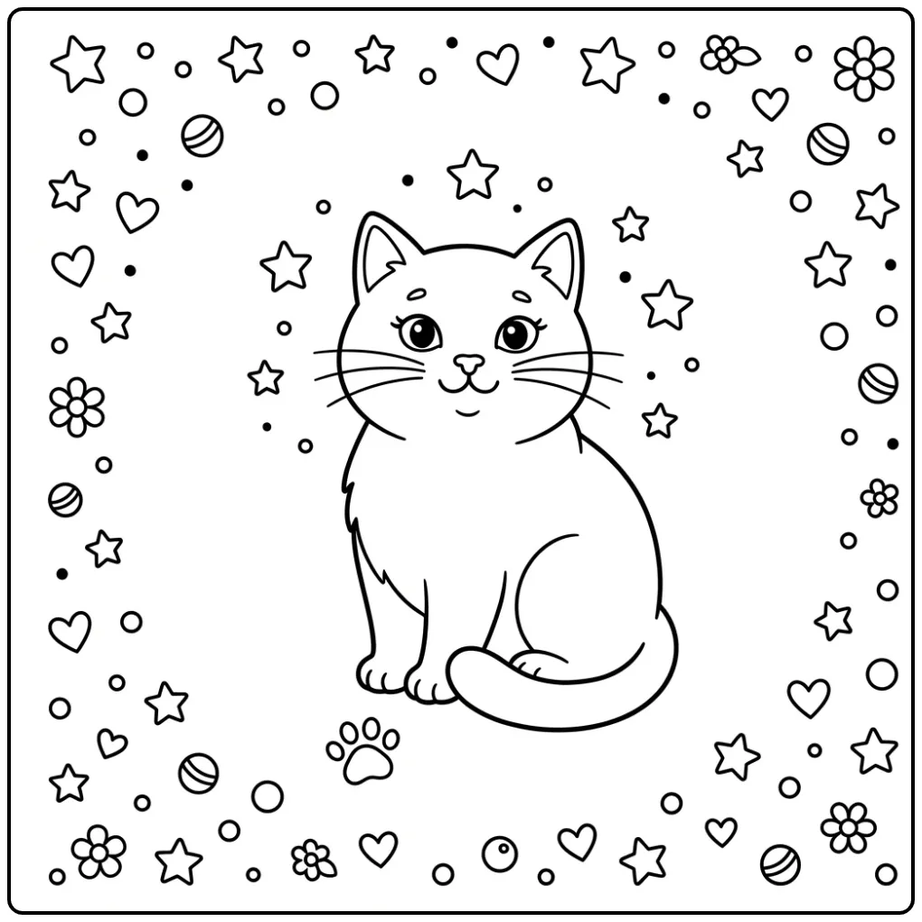 Schattige kleurplaat poes makkelijk met sterren en pootje.