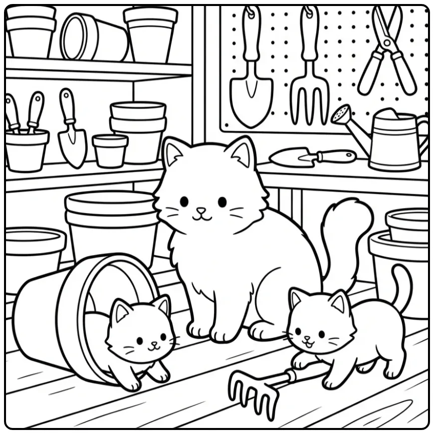 Een schattige kleurplaat poes met kittens in een tuinhuisje.