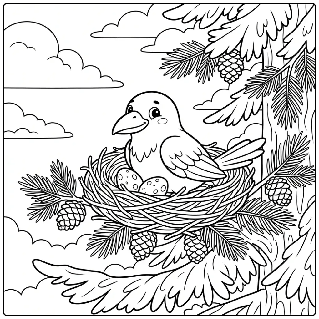 Schattige kleurplaat raaf in een nest met twee eitjes.