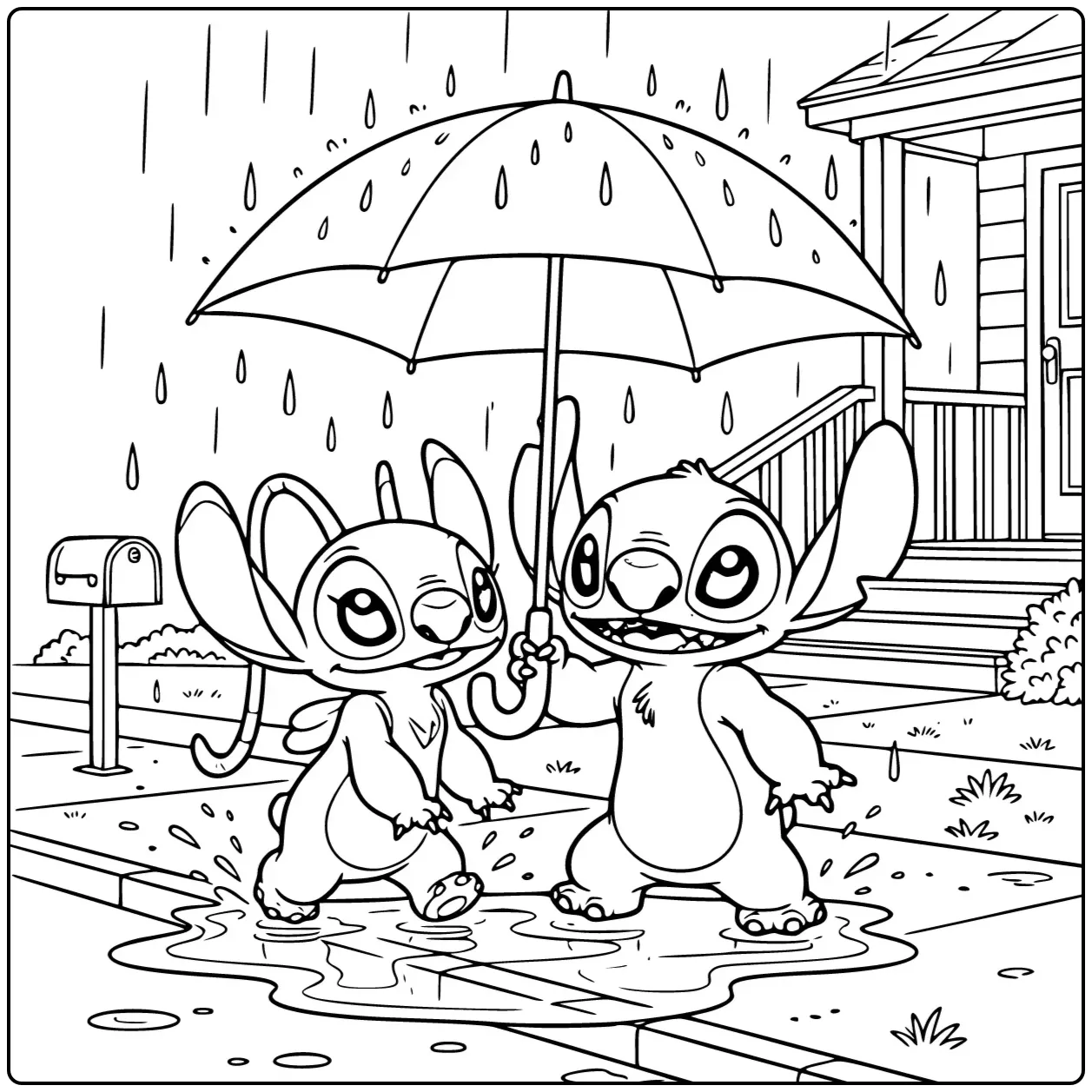 Een schattige kleurplaat stitch en angel onder een paraplu.