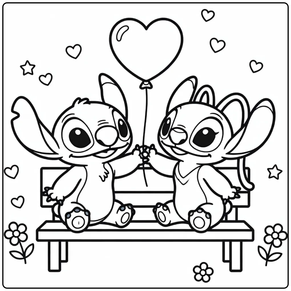 Schattige kleurplaat stitch en angel makkelijk met ballon