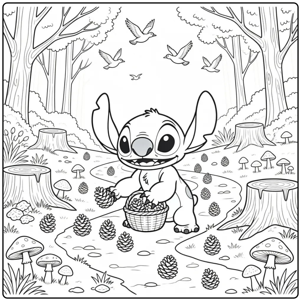 Stitch raapt dennenappels op deze kleurplaat stitch herfst.