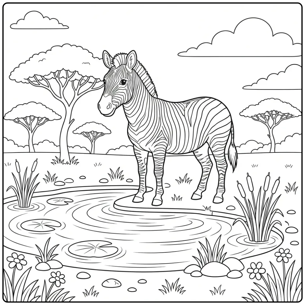 Schattige kleurplaat zebra drinkt water tussen het riet.