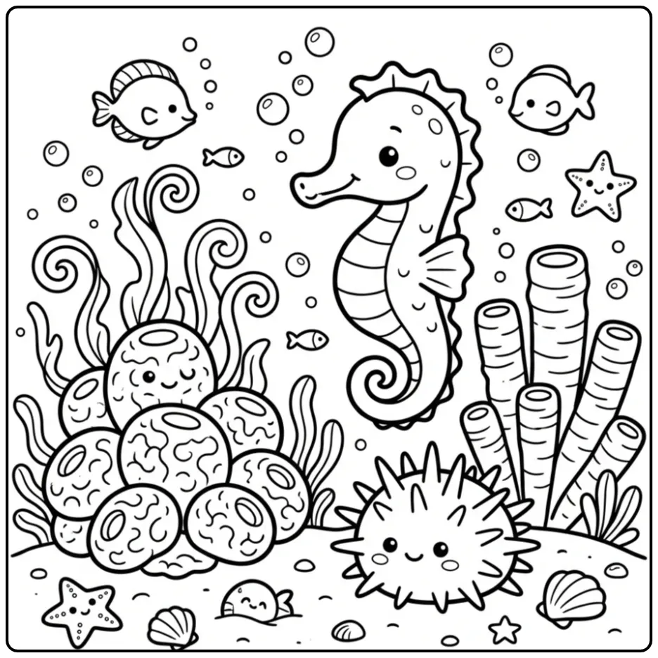 Schattige kleurplaat zeepaardje tussen koraal en bubbels.