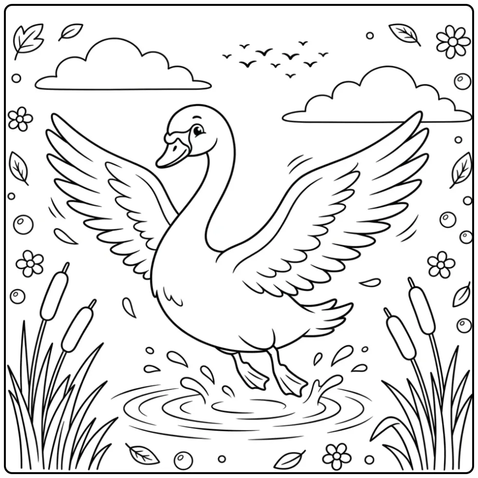 Een vrolijke kleurplaat zwaan die opstijgt uit het water.