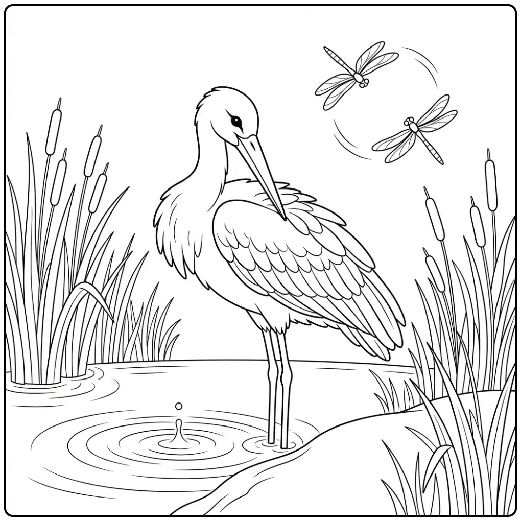 Ooievaar kleurplaat bij een vijver met libellen en riet.