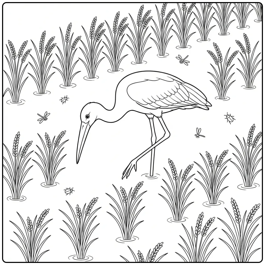 Ooievaar kleurplaat zoekend naar eten in het water.