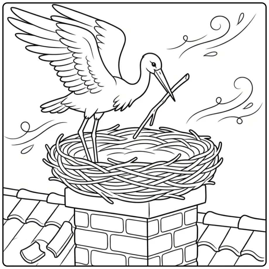 Ooievaar kleurplaat bouwend aan een nest op het dak.