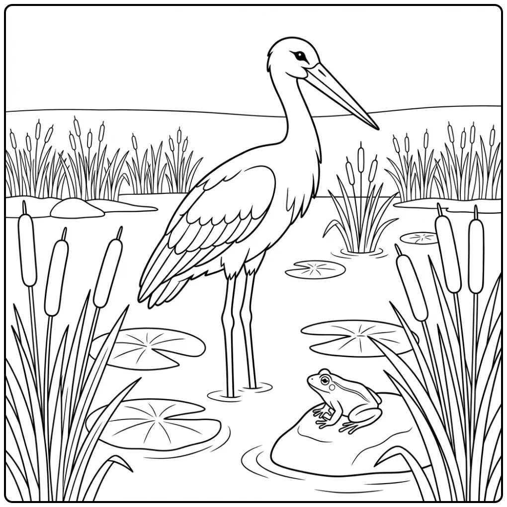 Leuke ooievaar kleurplaat met kikker en riet.