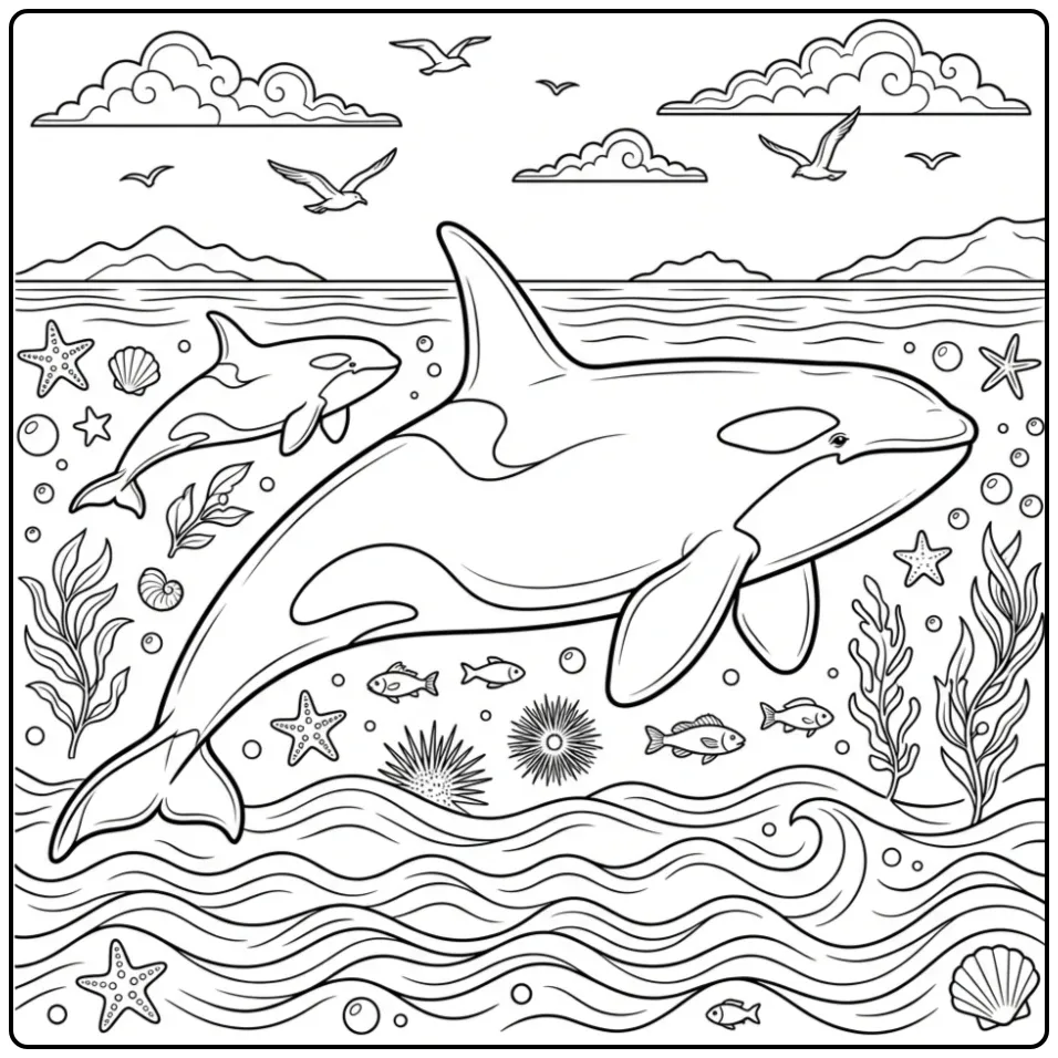 Orka kleurplaat van zwemmende orka's met eilanden en golven.