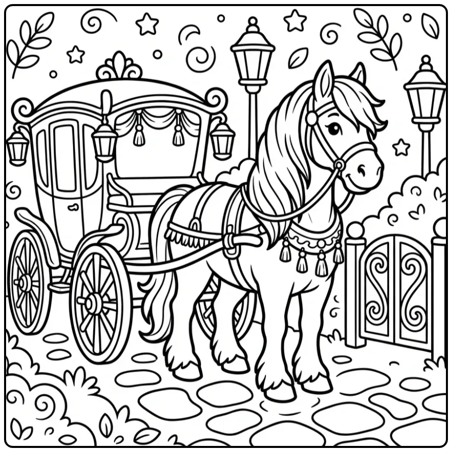 Schattige paarden kleurplaat fries met een koets en lantaarns.
