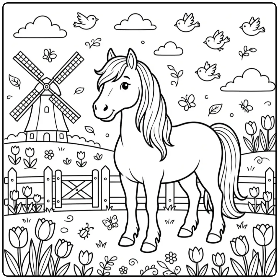 Schattige paarden kleurplaat fries in een wei met molen.