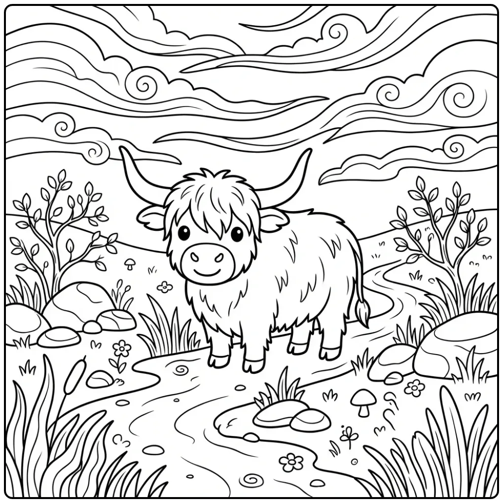 Schattige schotse hooglander kleurplaat in het gras.