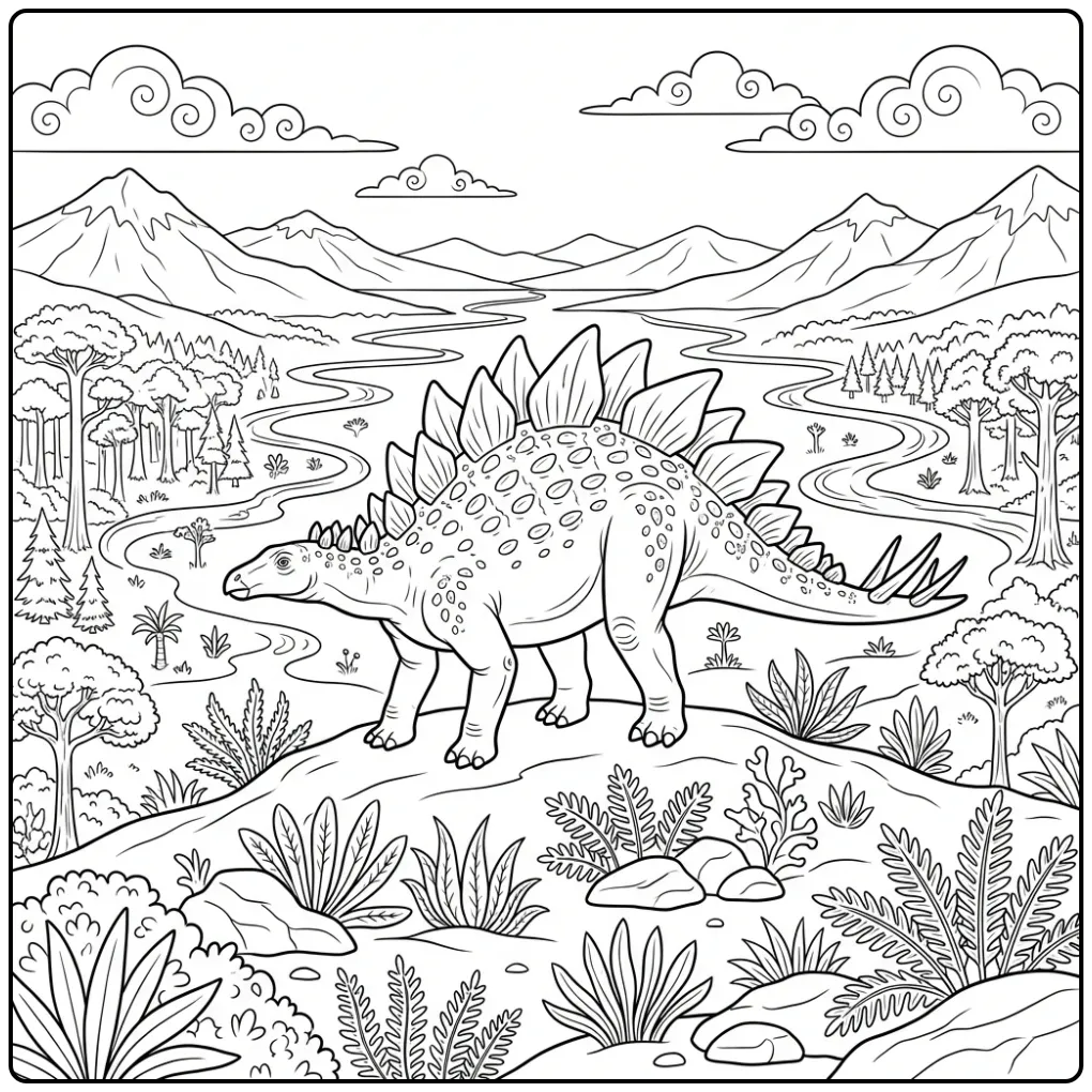Realistische stegosaurus kleurplaat in een vallei.