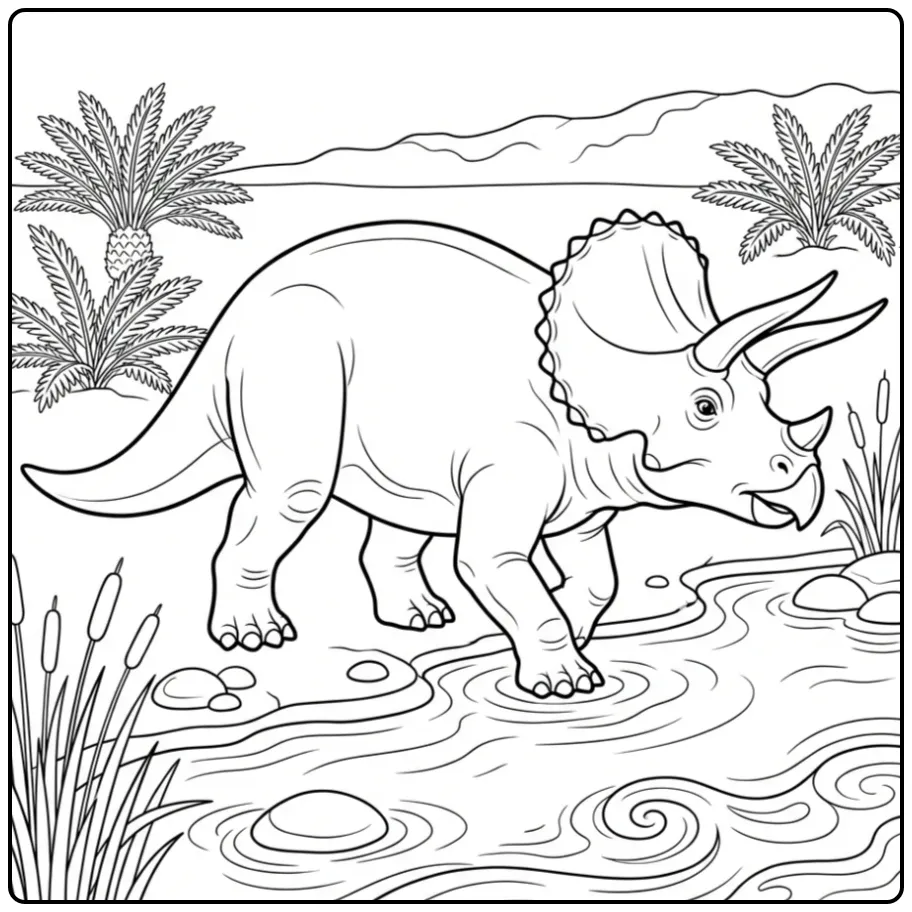 Een realistische triceratops kleurplaat langs de rivier.
